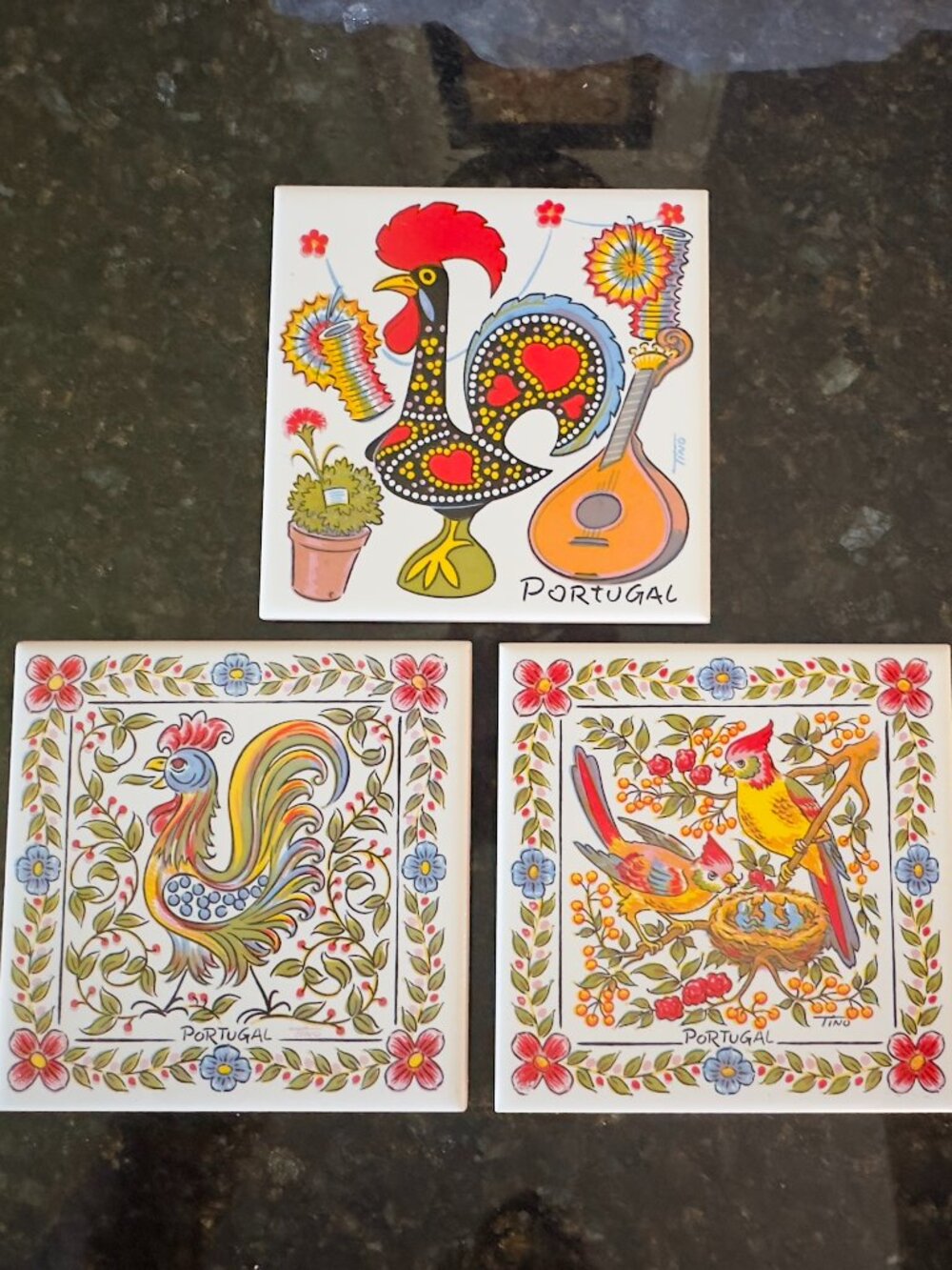 Set Of Three Portugal Ceramic Hand-Painted Coasters Wall Decor